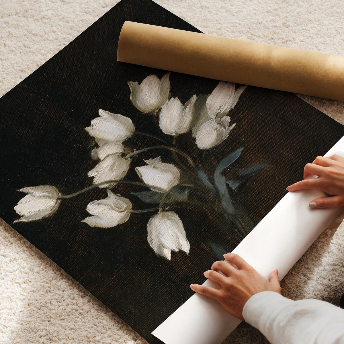 Vintage botanical wall art featuring white tulips — muted tones with gothic romance mood