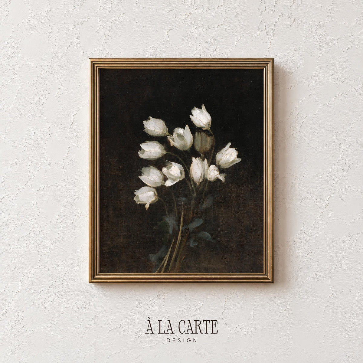 Elegant white cluster printable picture — moody vintage botanical with dramatic atmospheric styling