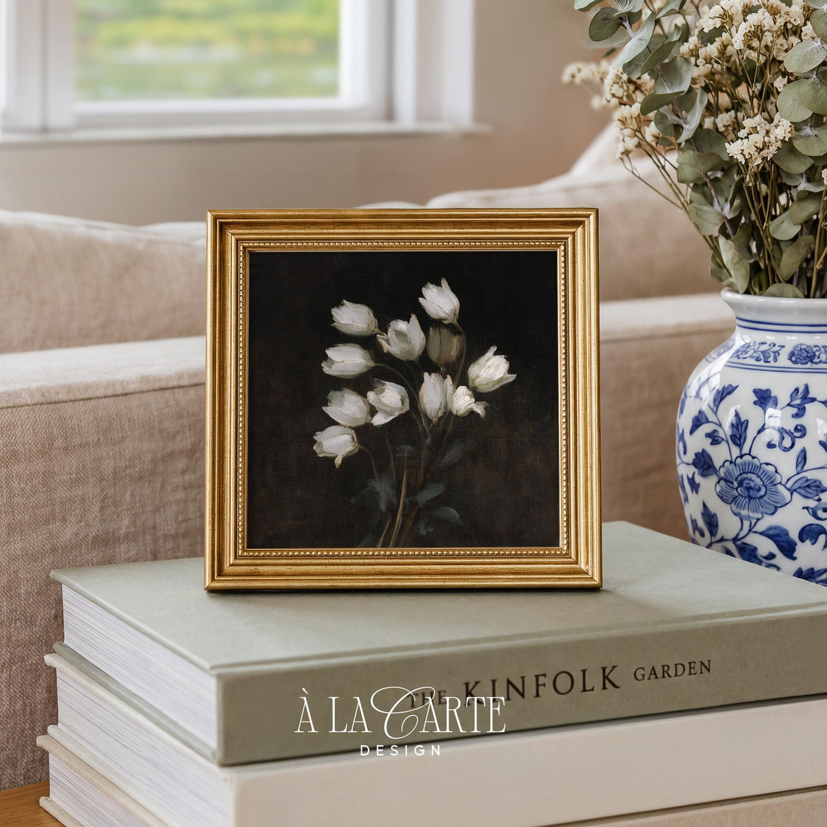 Romantic tulip bouquet wall art instant download — timeless gallery piece with deep shadowy backdrop