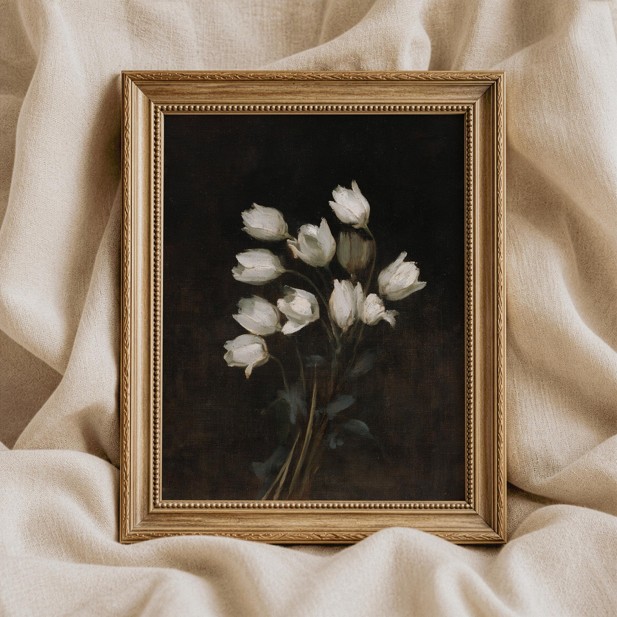 Elegant white flowers digital print for living room — vintage painting with rich textures and dramatic styling