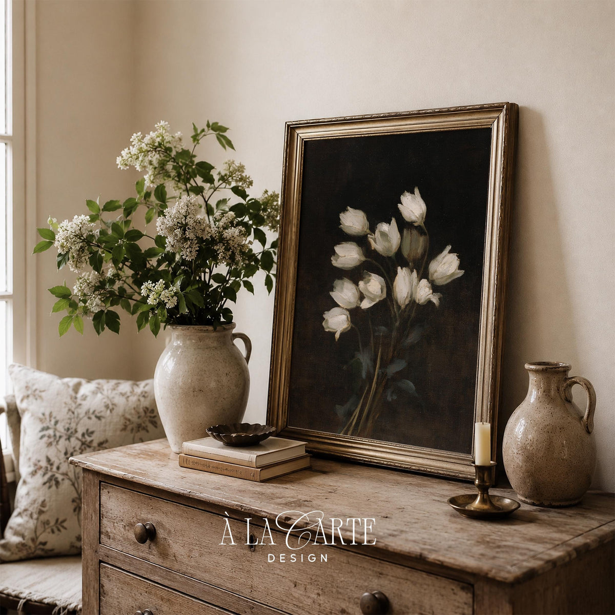 Moody flower arrangement printable wall decor — pale tulips with greenery against deep, atmospheric background