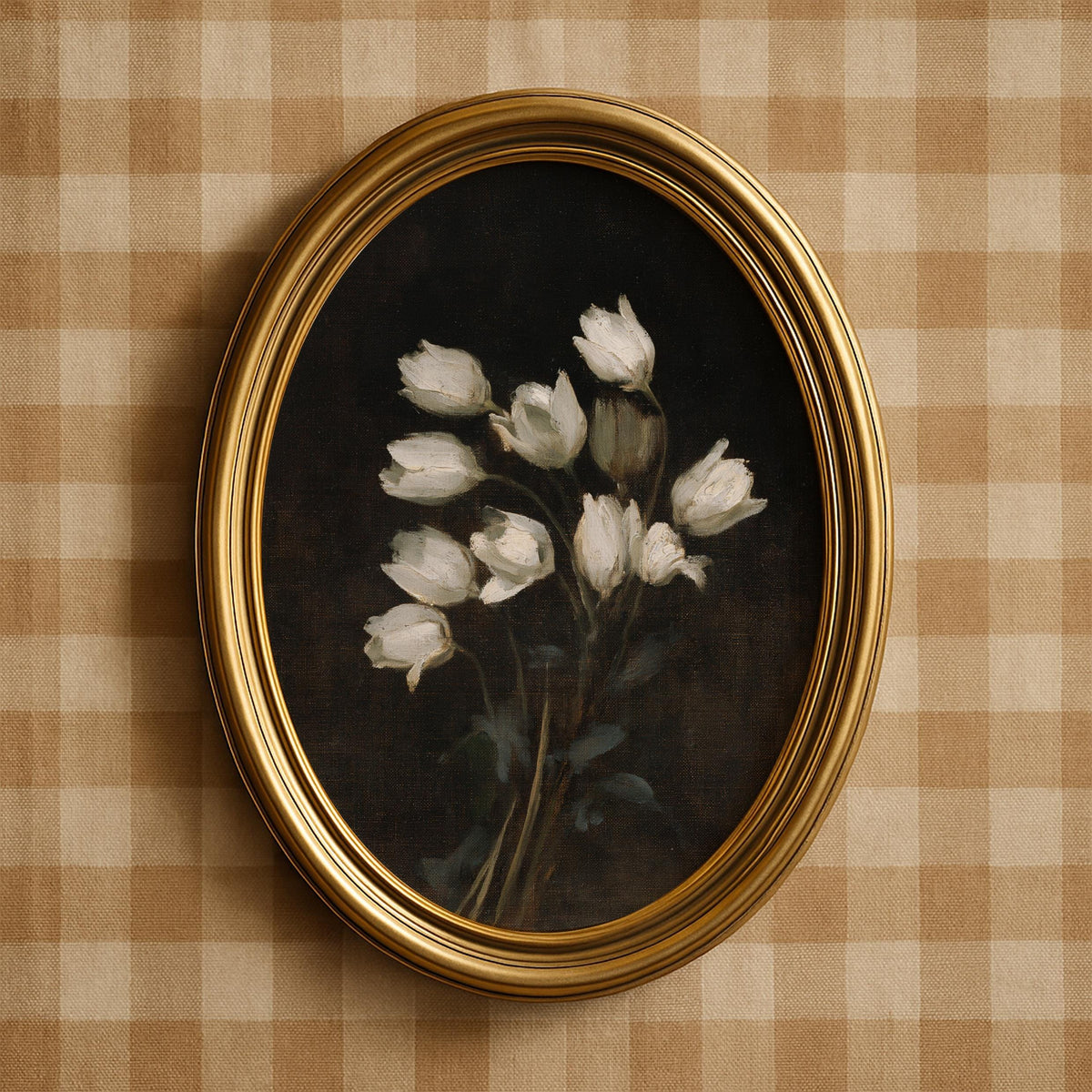 Vintage still-life picture with pale petals — printable artwork capturing moody, refined interior aesthetic