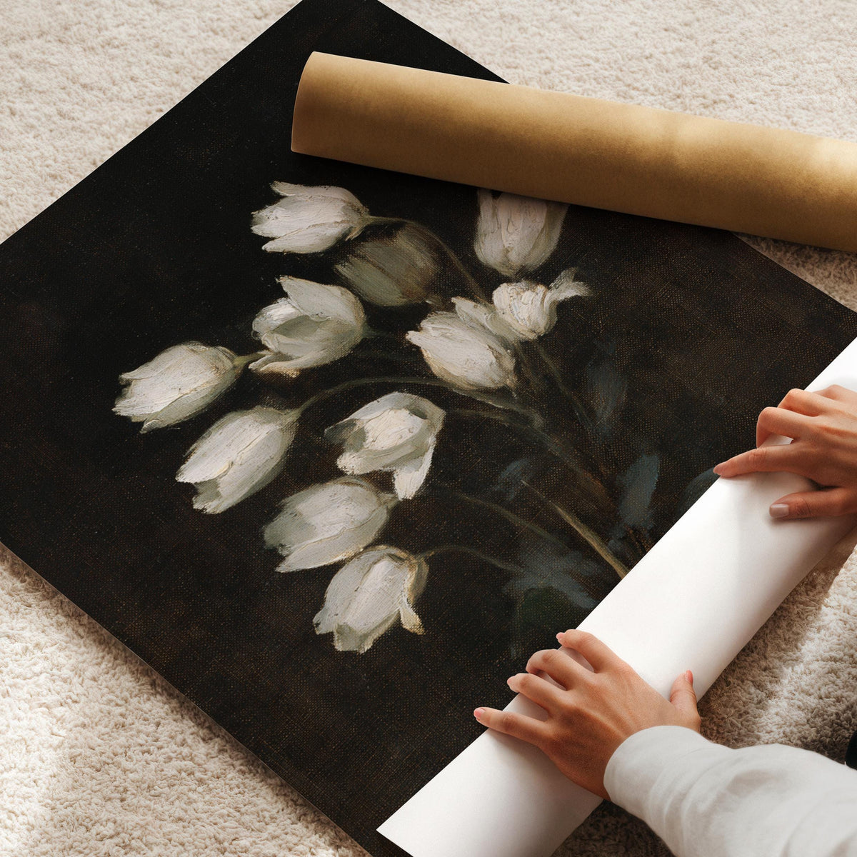 Timeless floral gallery print for entryway — white bouquet artwork with classic romantic styling