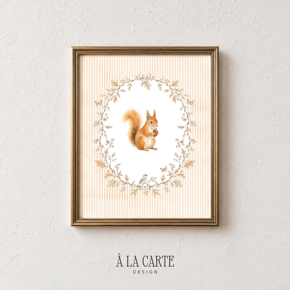 Squirrel with acorn picture for nursery wall — charming cottagecore design with cream striped background