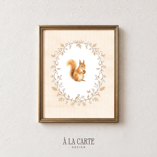 Squirrel with acorn picture for nursery wall — charming cottagecore design with cream striped background