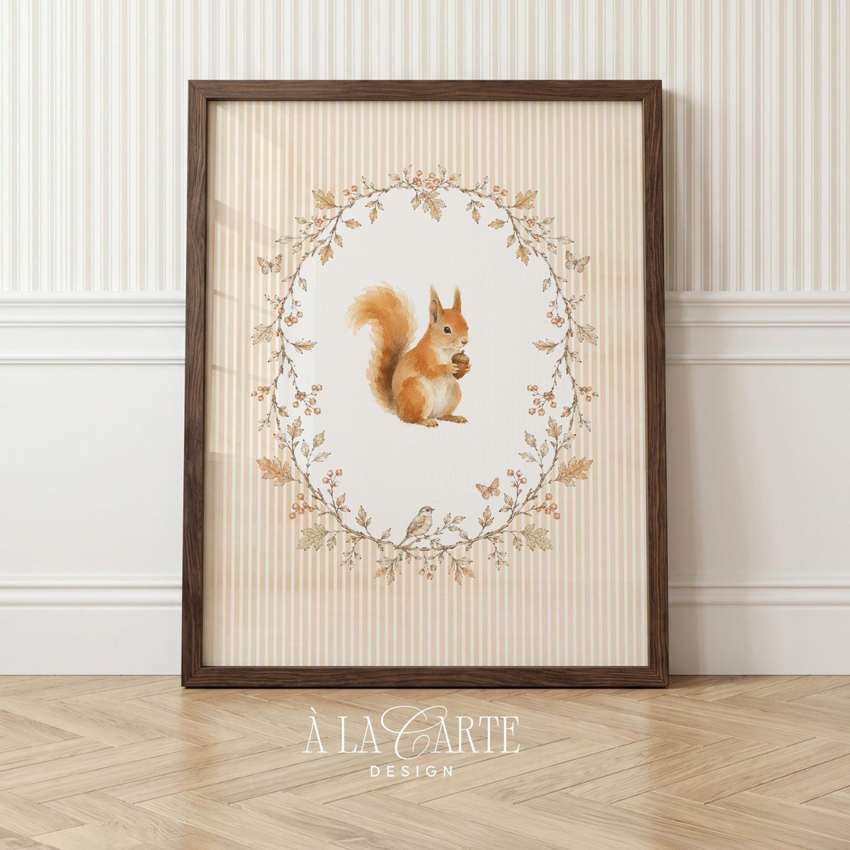 Forest creature digital art print for playroom — charming squirrel portrait with botanical oval garland design