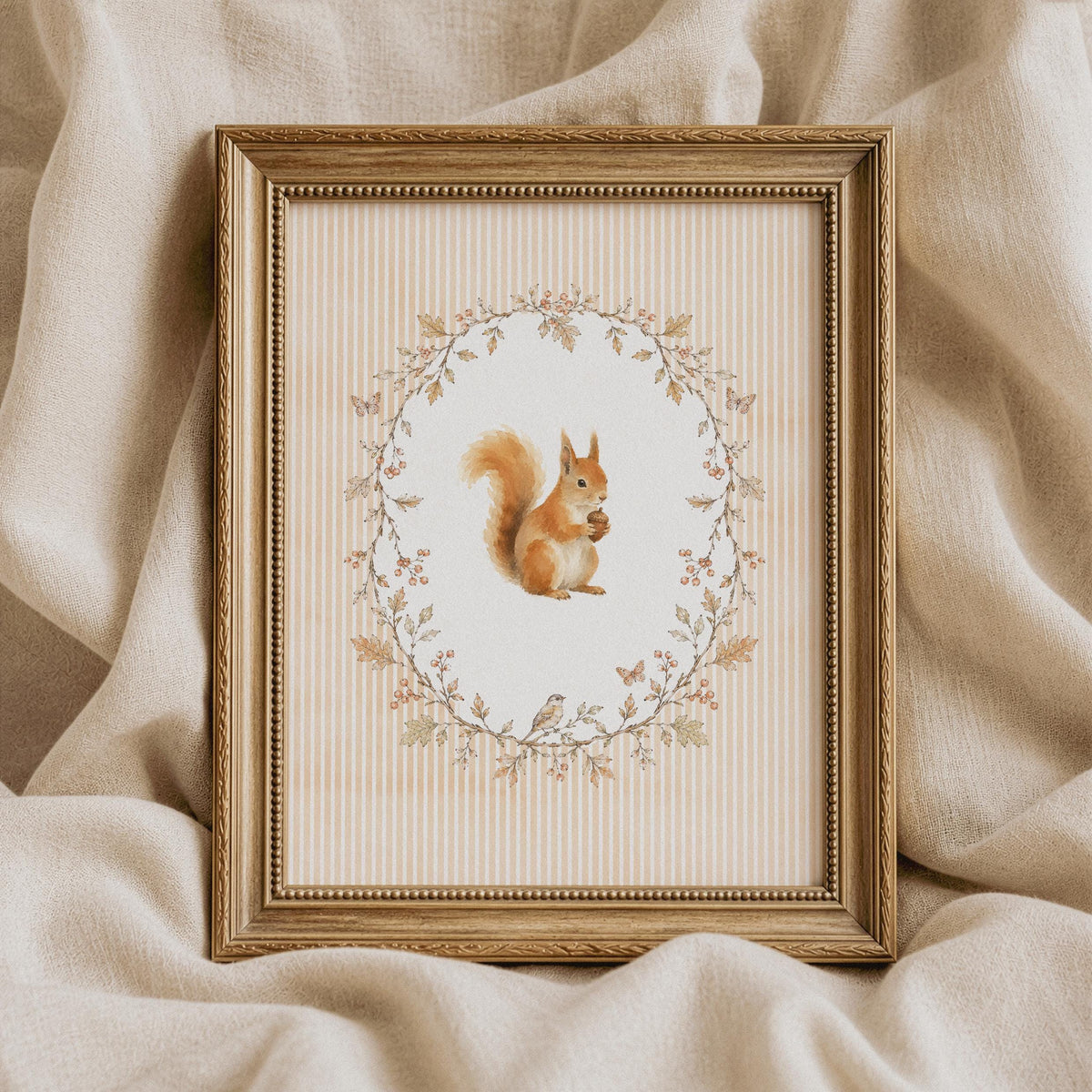 Red squirrel holding acorn printable art for nursery — cottagecore woodland animal with leaf wreath frame