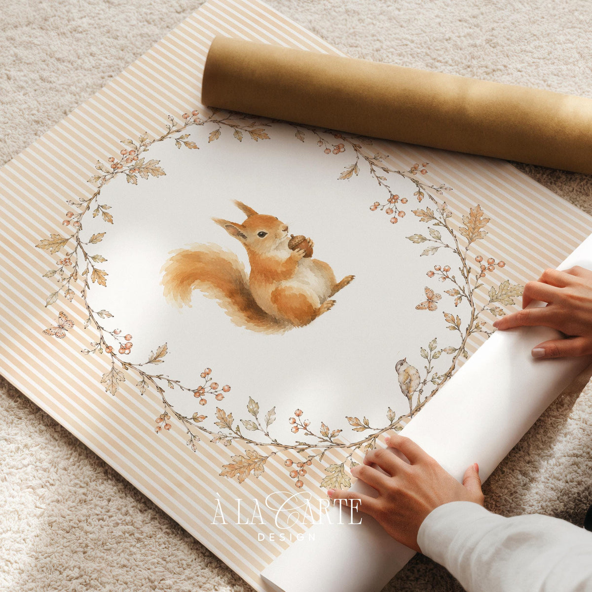 Cute woodland squirrel digital print for playroom — soft storybook illustration with autumn leaves and cozy aesthetic