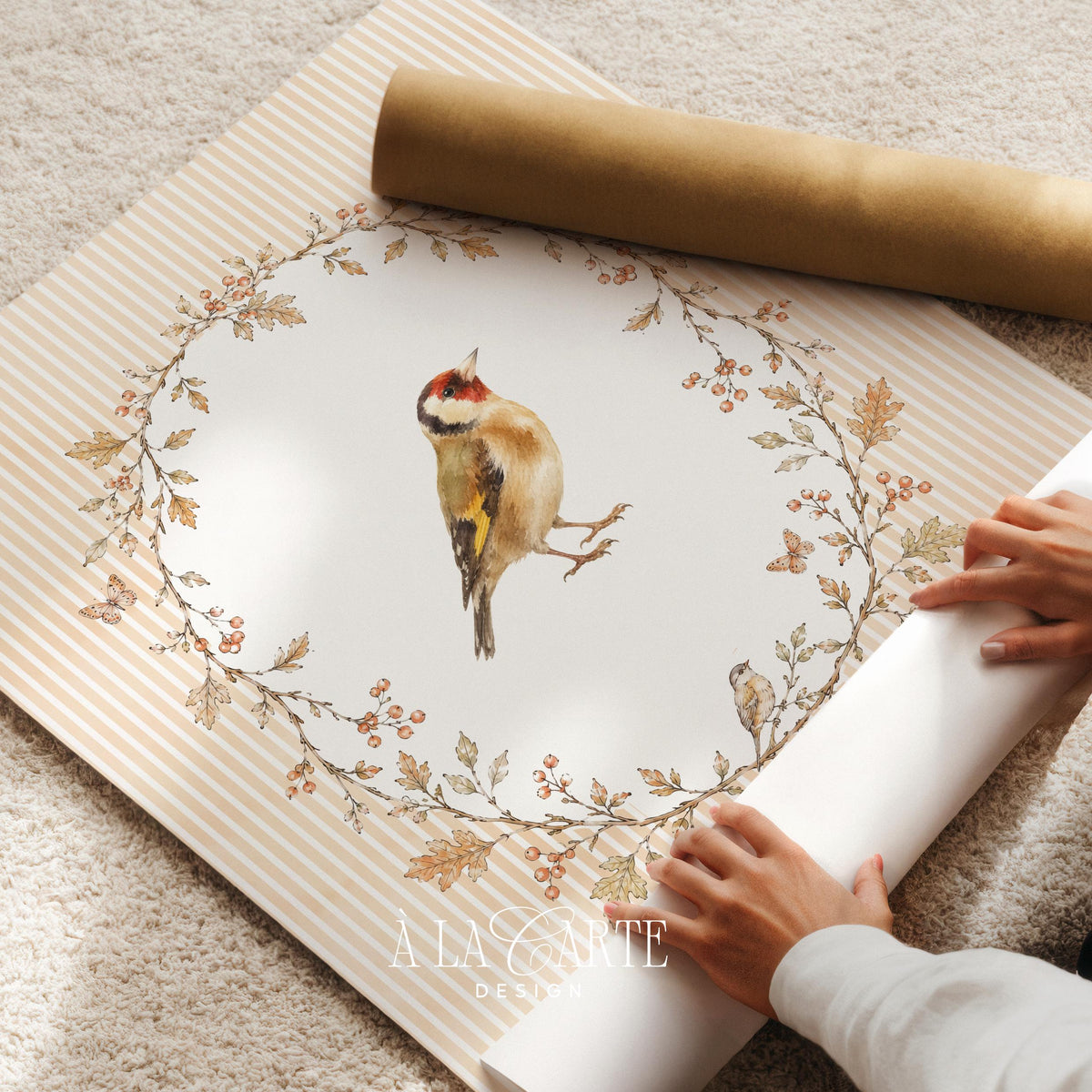 Bird illustration picture instant download — vintage woodland style with delicate wreath and muted watercolor finish