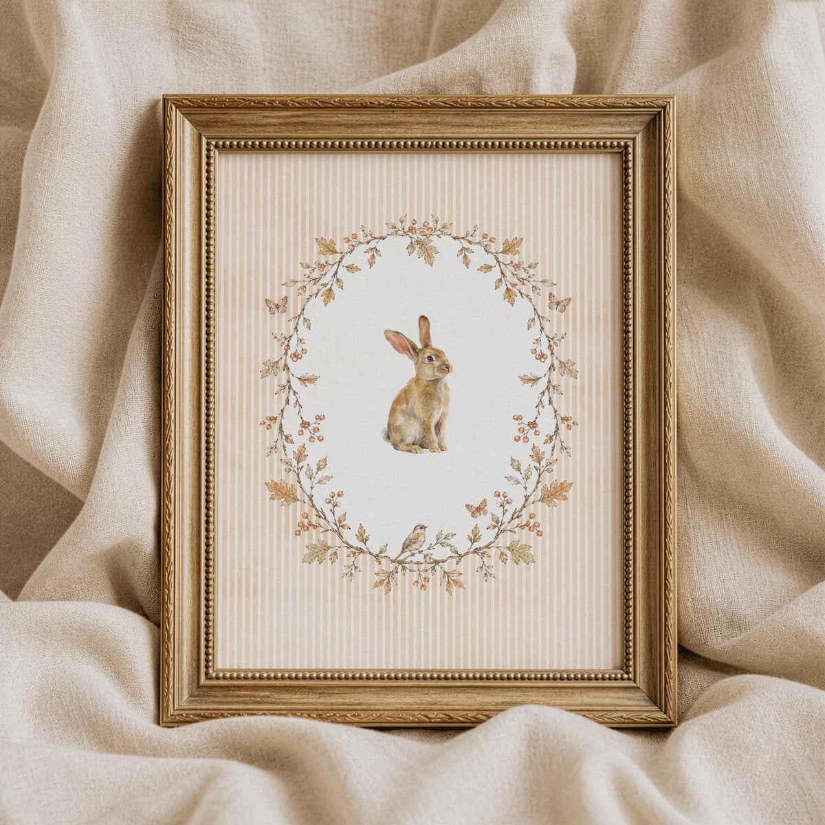 Charming woodland bunny print with leafy border for farmhouse-style children's room — soft cottagecore aesthetic