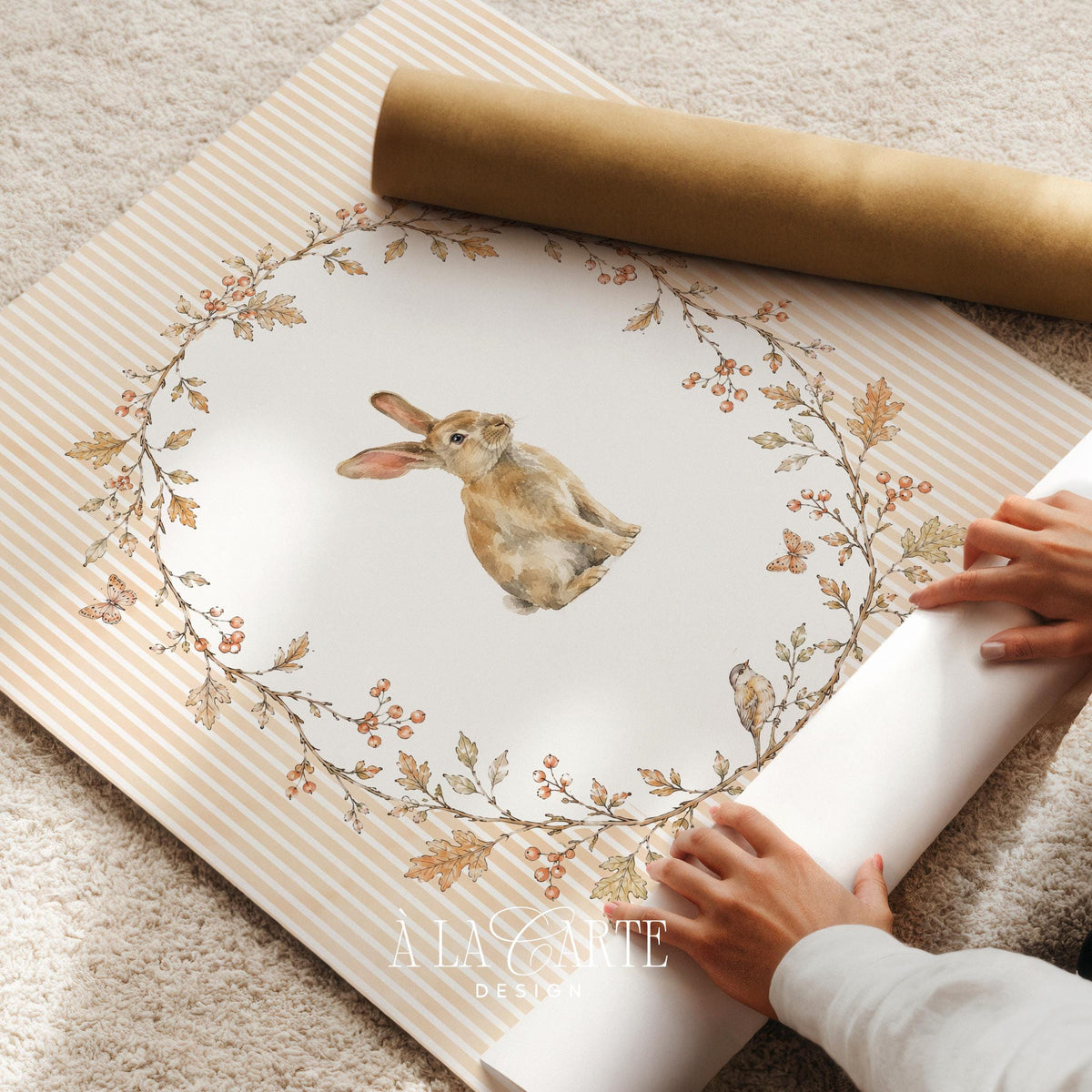 Woodland rabbit illustration wall art for children's room — watercolor painting with warm fall foliage frame