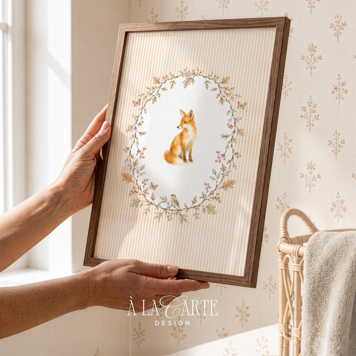 Adorable fox gallery wall print — soft watercolor design for playroom with delicate leaf and berry border details