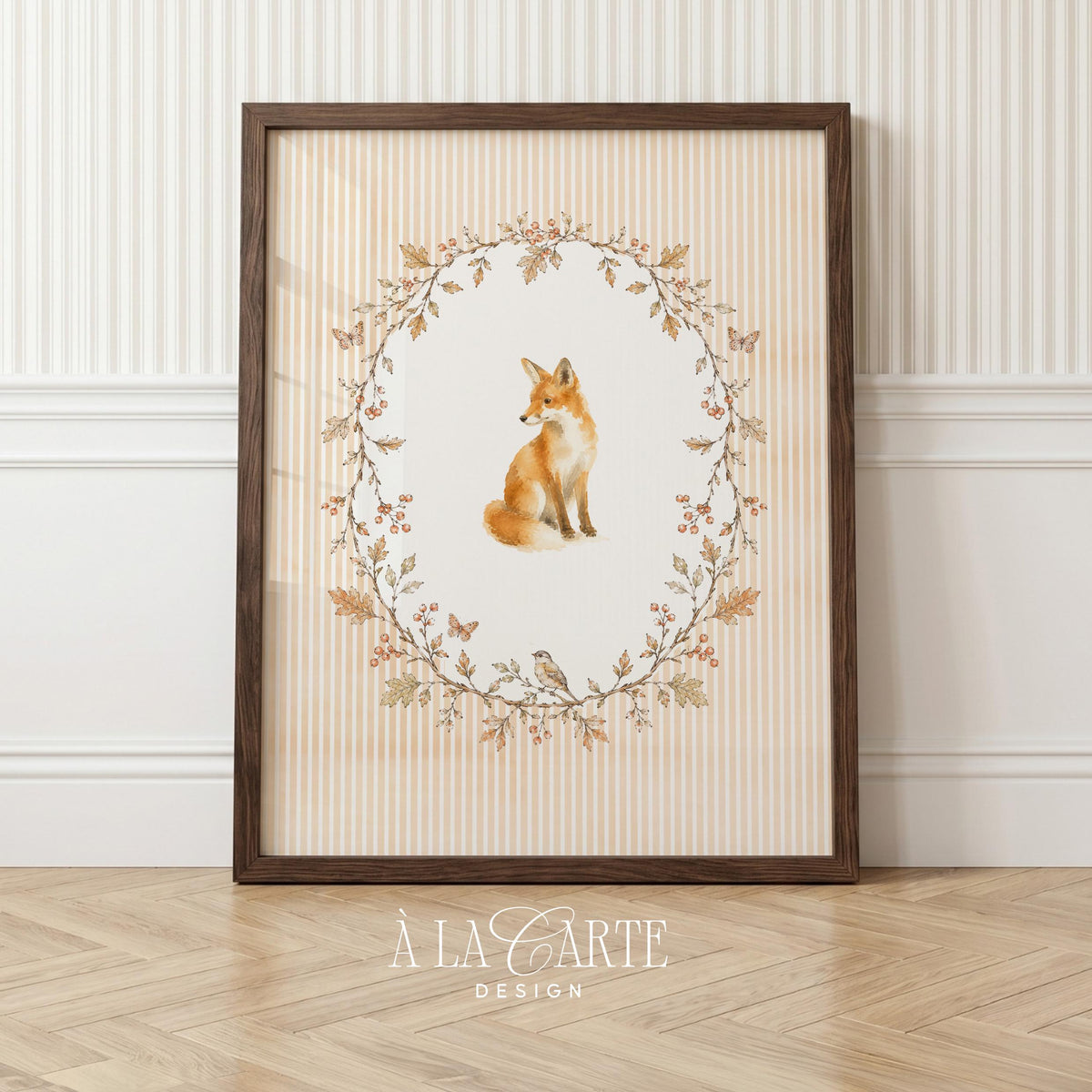 Forest fox artwork with leafy frame — printable decor for kids' spaces featuring gentle watercolor style and woodland aesthetic