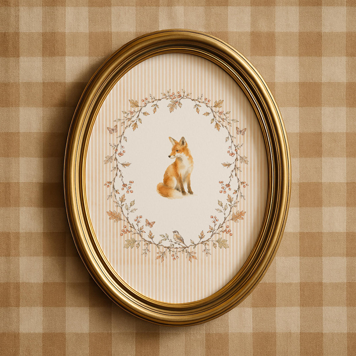 Woodland fox poster with delicate floral frame — gentle cottagecore wall art for children's room featuring muted earth tones