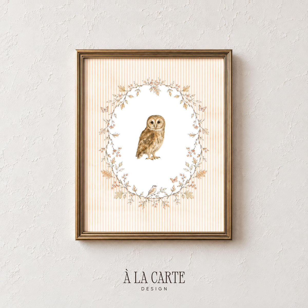 Forest bird artwork printable wall art — cozy cottagecore owl portrait surrounded by rustic branch and foliage frame