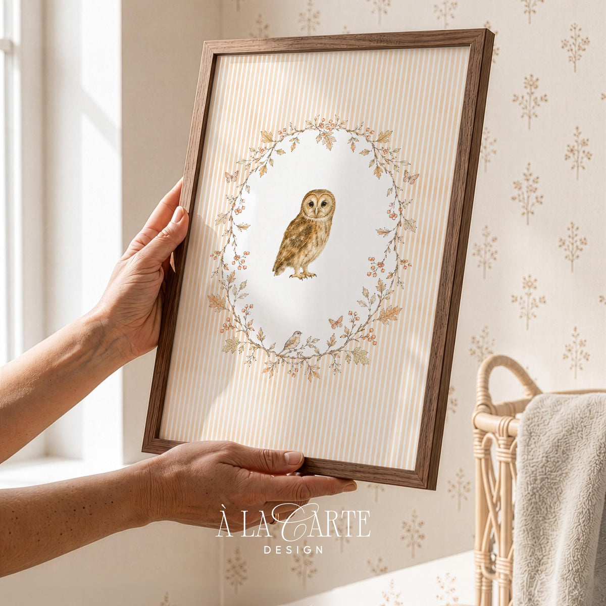 Whimsical feathered bird artwork wall print — gallery-ready watercolor owl with oval wreath on soft cream backdrop