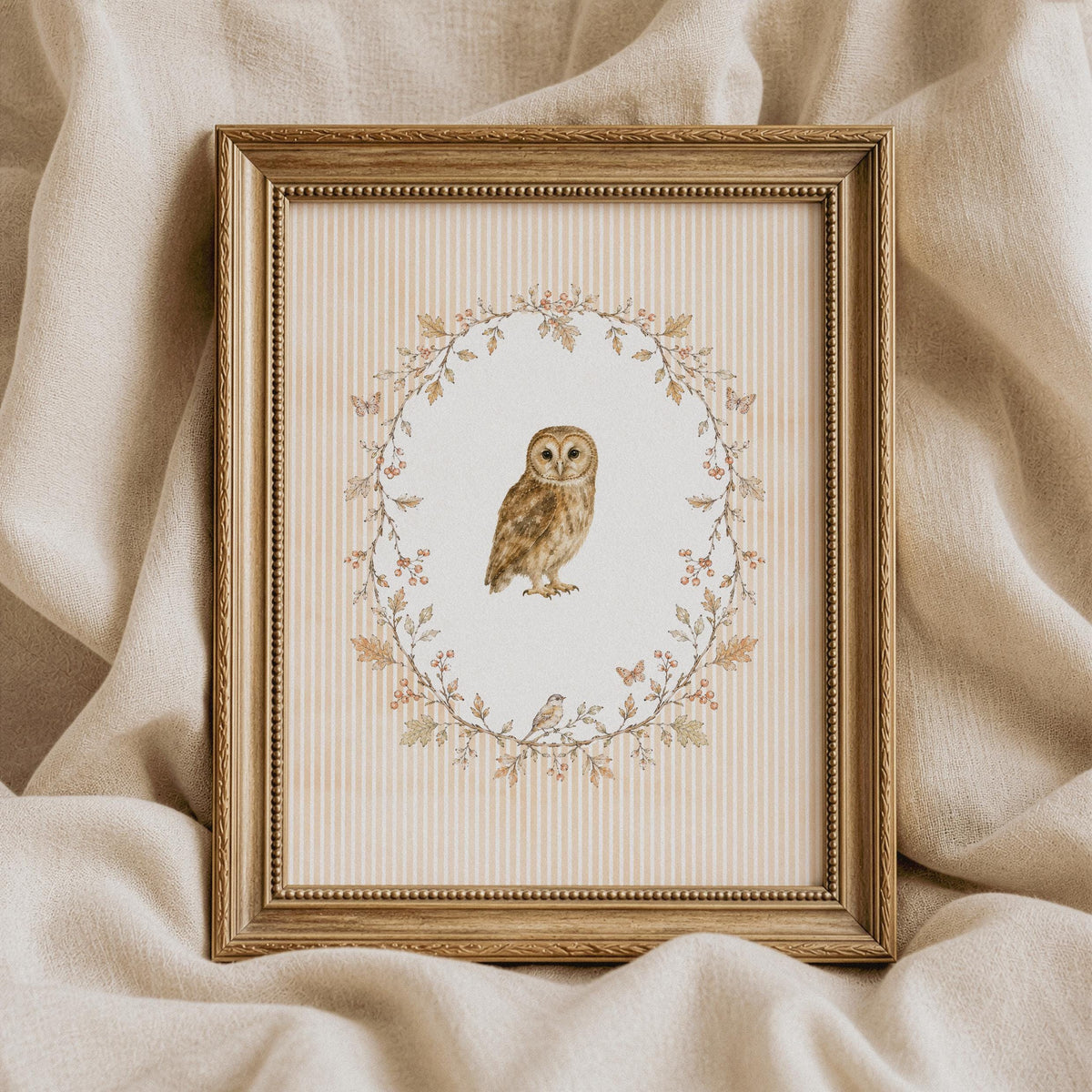 Farmhouse owl poster for nursery decor — delicate fine linework with natural tan and gold palette on cream