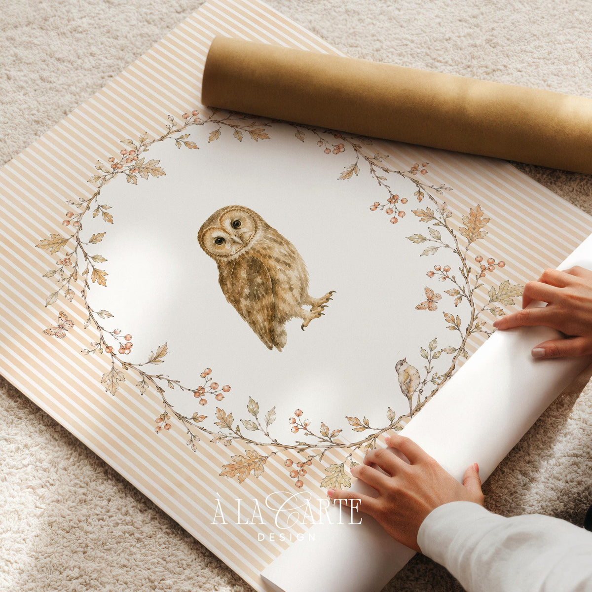 Vintage owl painting digital print for playroom — gentle watercolor design featuring leafy oval wreath and warm earth tones