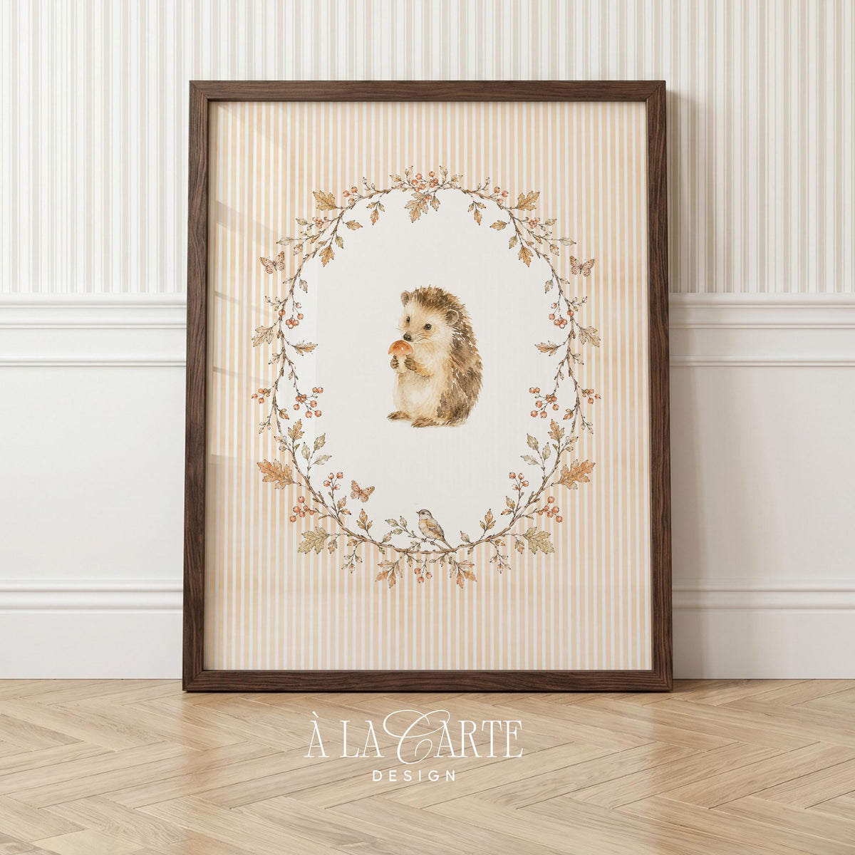 Cozy nature poster featuring spiky friend — soft colors and botanical wreath for charming nursery aesthetic