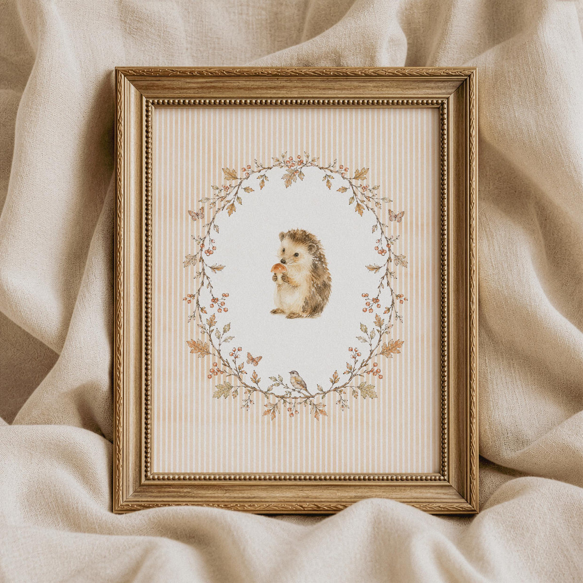 Woodland creature gallery wall print — whimsical hedgehog with oval leaf frame and vintage cottage vibes