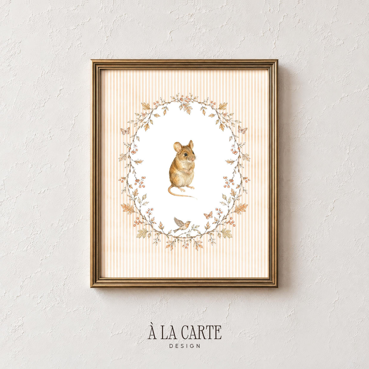 Upright mouse painting wall art for playroom — soft vintage botanical style with autumn foliage and perched songbird