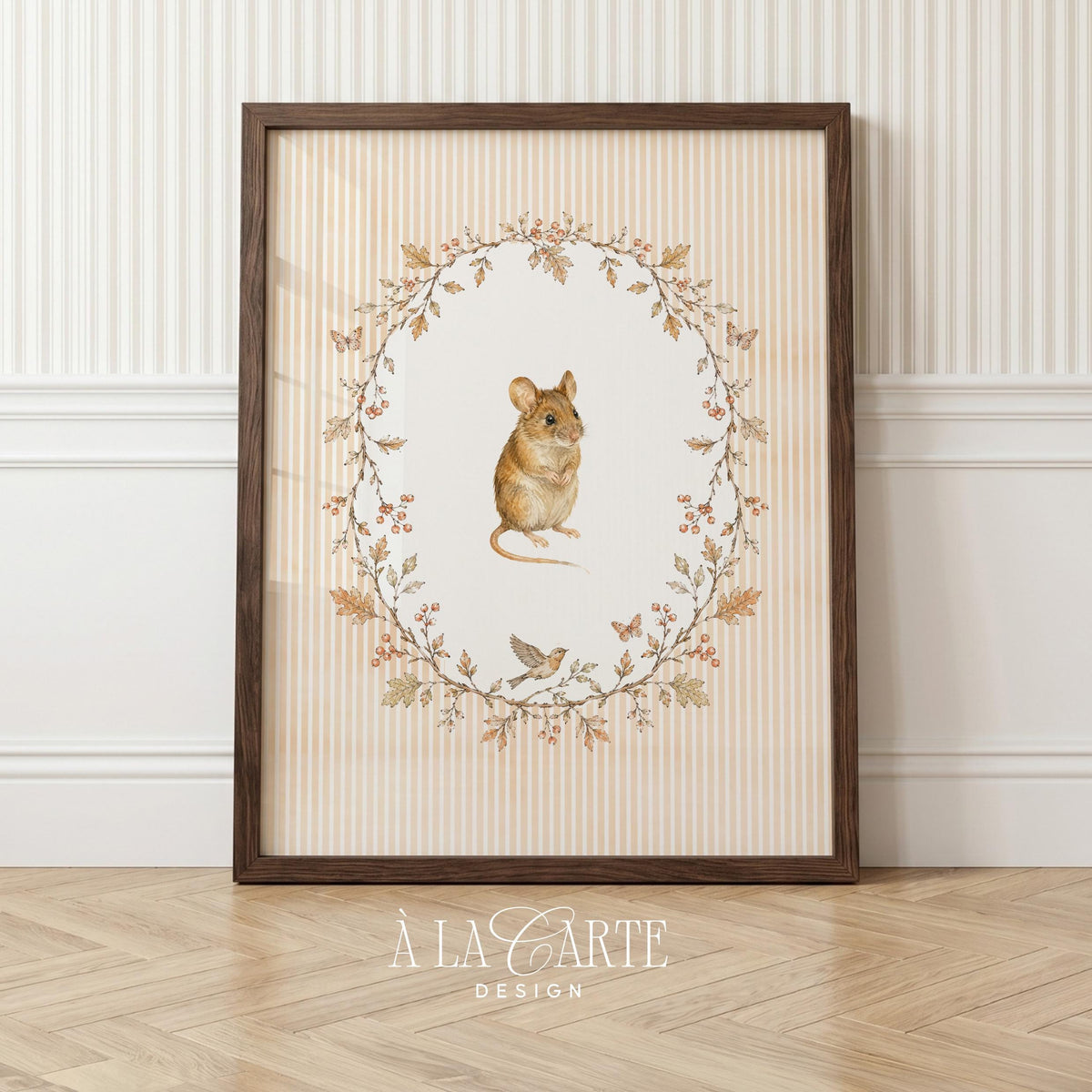 Tiny forest creature gallery wall print for playroom — delicate watercolor technique, natural leaf frame, vintage striped backdrop