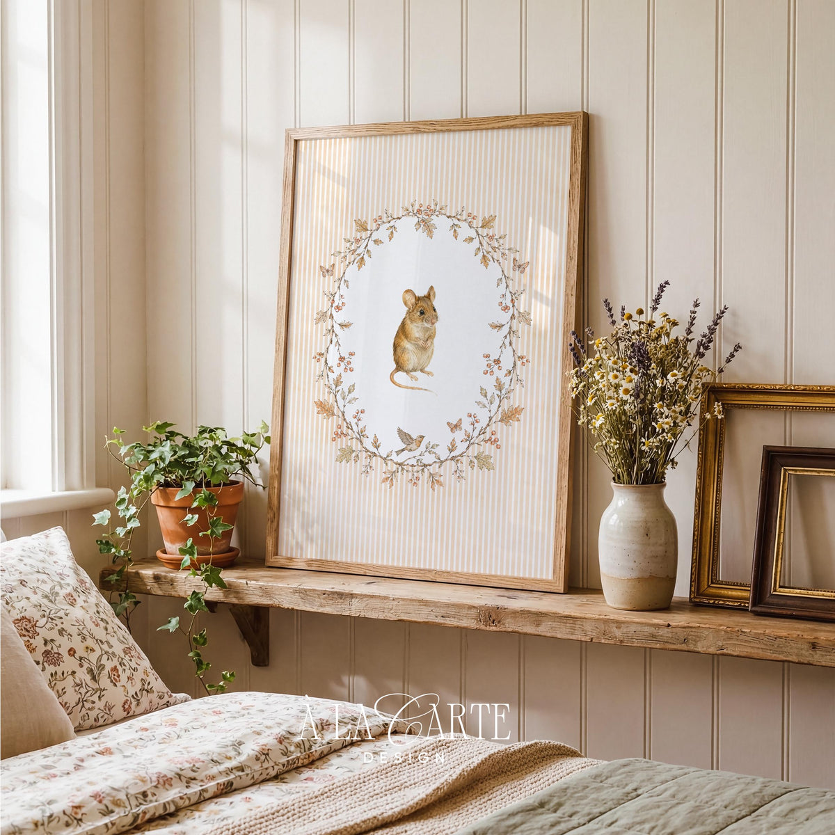 Charming mouse illustration digital file for children's room — soft palette, decorative wreath surround, cozy countryside botanical theme