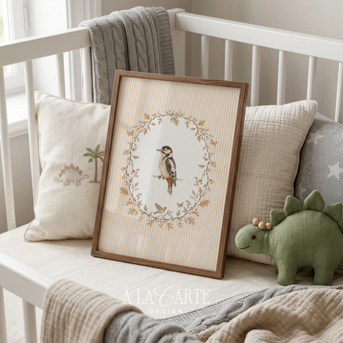 Red-marked woodpecker illustration downloadable wall art — fine botanical detail, cozy rustic cottagecore style