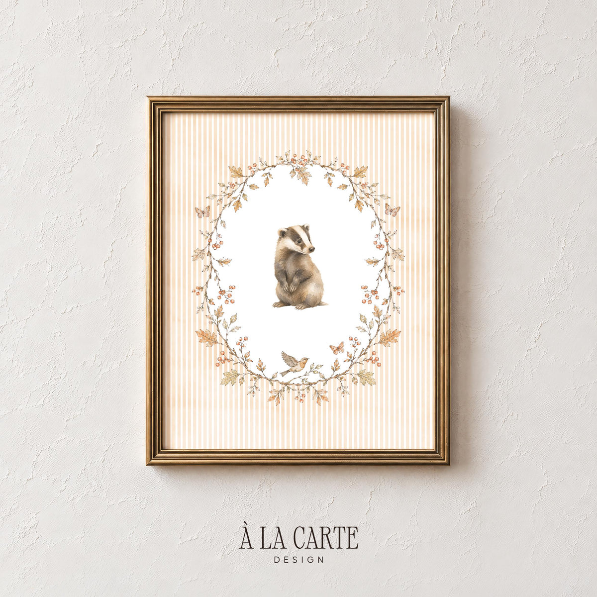Forest badger illustration wall art for playroom — vintage-style painting with autumn berries, leaves, and perched bird accent