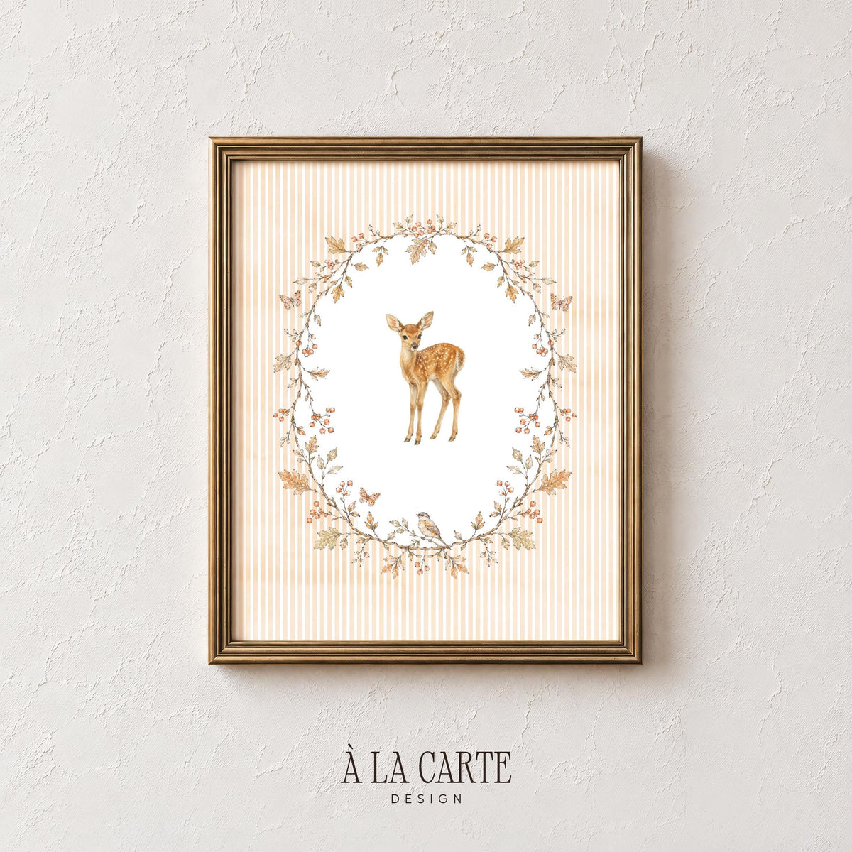Sweet fawn poster with oval leaf wreath for nursery — watercolor woodland art with vintage botanical charm