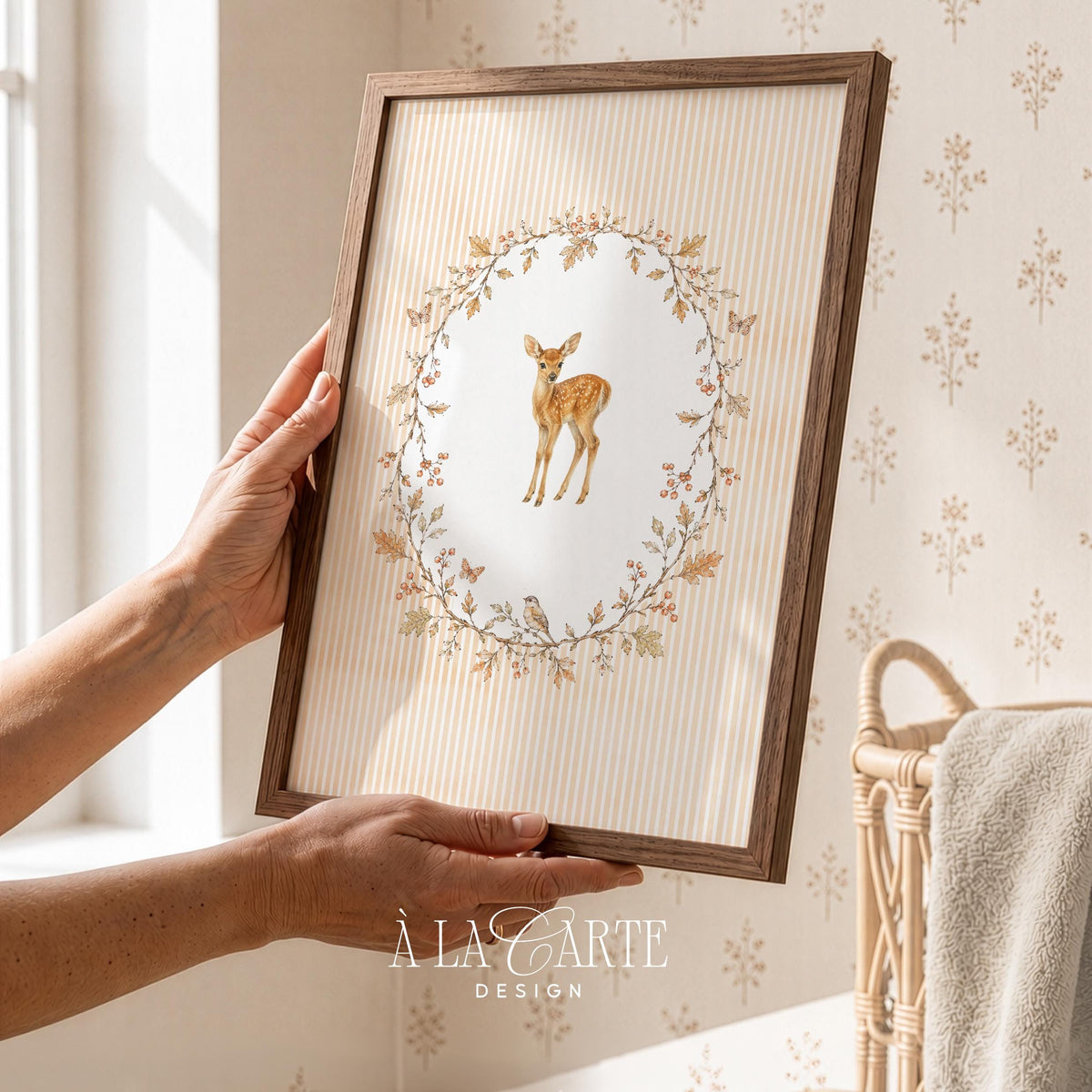 Cottagecore fawn wall picture for farmhouse nursery — delicate watercolor with fine-lined botanical wreath and serene woodland mood