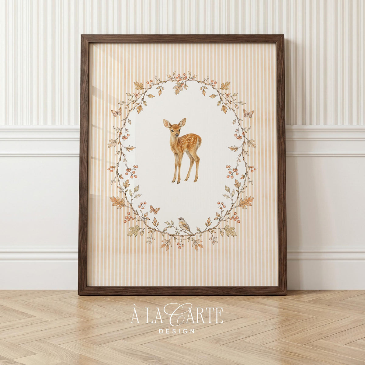 Forest-themed wall decor with young buck in leaf oval — instant download printable art for gentle nursery aesthetic