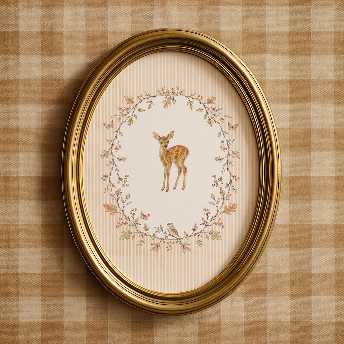 Woodland nursery poster featuring small deer and bird — vintage-inspired illustration with autumn-toned leafy frame
