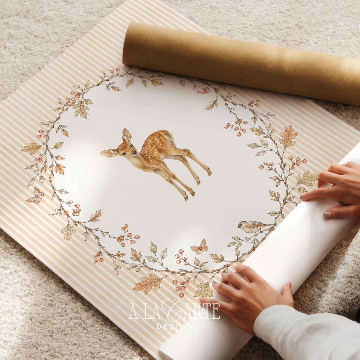 Young deer wall art featuring delicate foliage border — gentle watercolor painting ideal for woodland-themed playroom