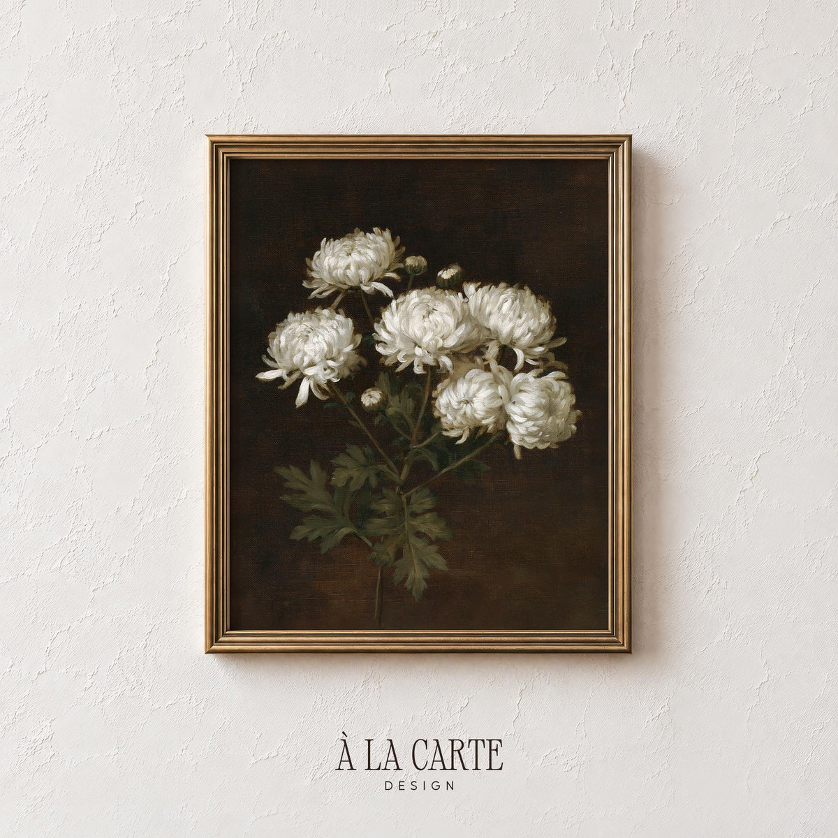Vintage flower picture printable art for dining room — white mums with green foliage on deep background