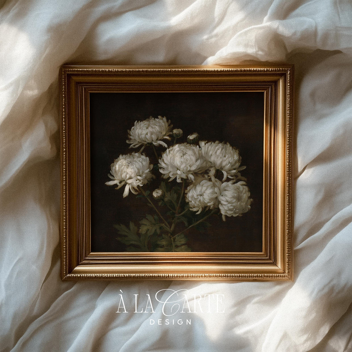 Vintage botanical painting wall decor — romantic white flowers with delicate stems and shadowy atmosphere