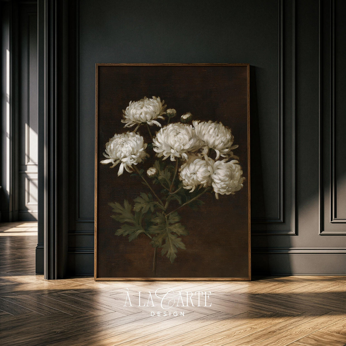 Vintage still-life painting digital print — white chrysanthemum blooms with romantic dark atmospheric style
