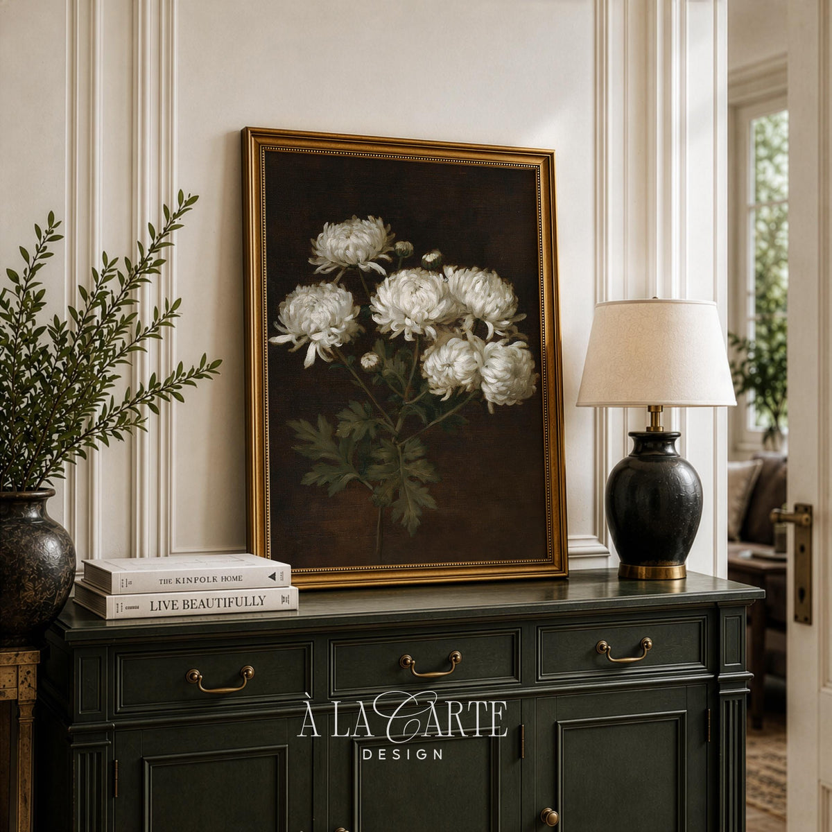 Delicate chrysanthemum cluster digital print — antique still-life style with rich shadows and timeless elegance