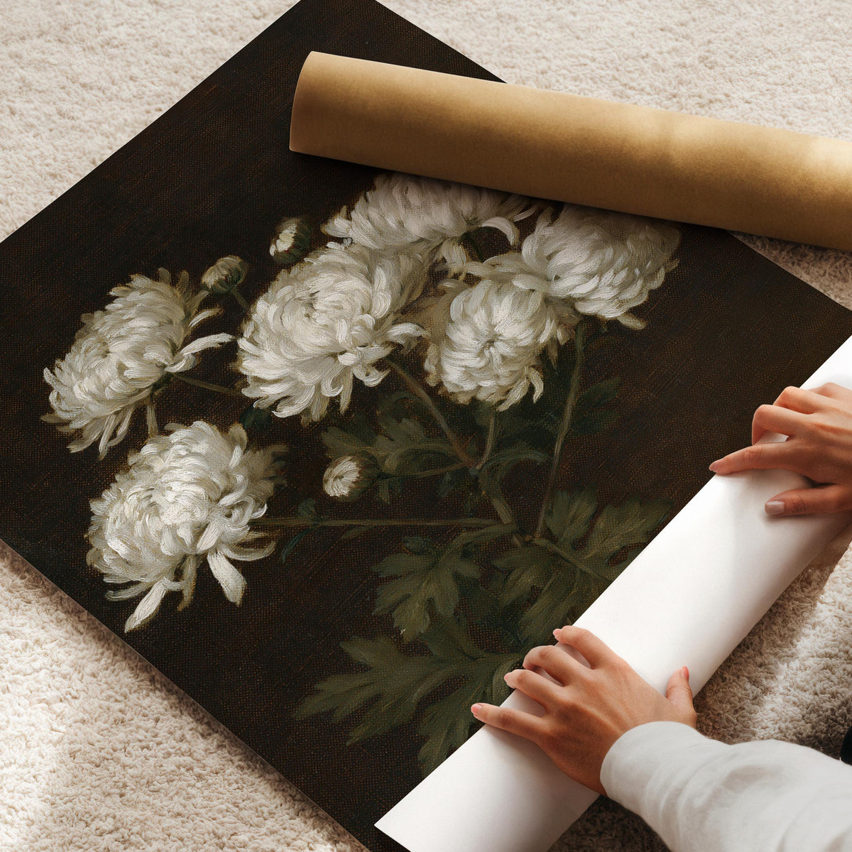 Antique flower poster printable art for accent wall — moody dark academia blooms with vintage charm