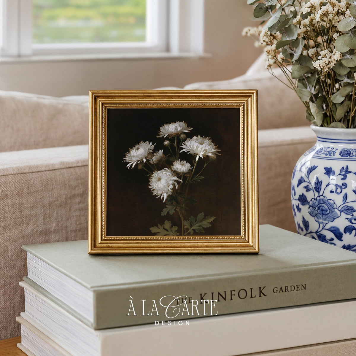Antique-style flower wall art for office — delicate mums with dramatic shadows and old master technique