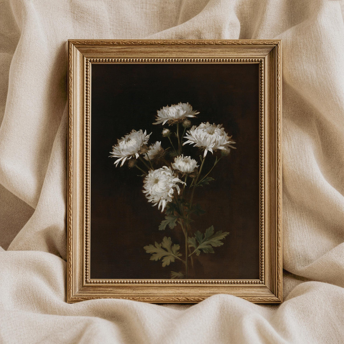 Botanical illustration picture for dining room — moody white flowers with green stems and vintage charm