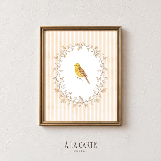 Woodland songbird wall art for living room — cottagecore aesthetic with fine linework and soft botanical elements