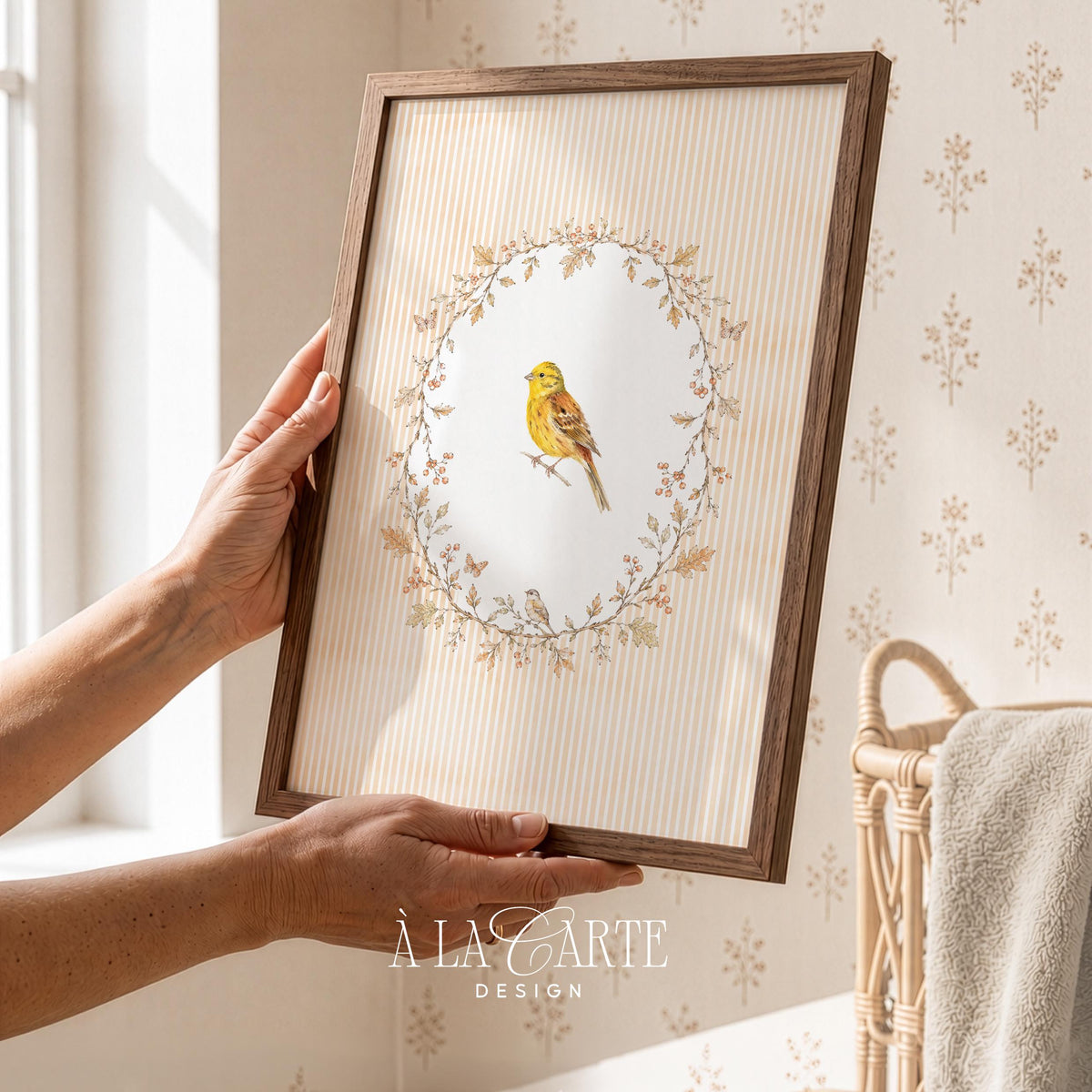 Enchanting avian poster for sitting room — framed by delicate sprigs in cottagecore color palette