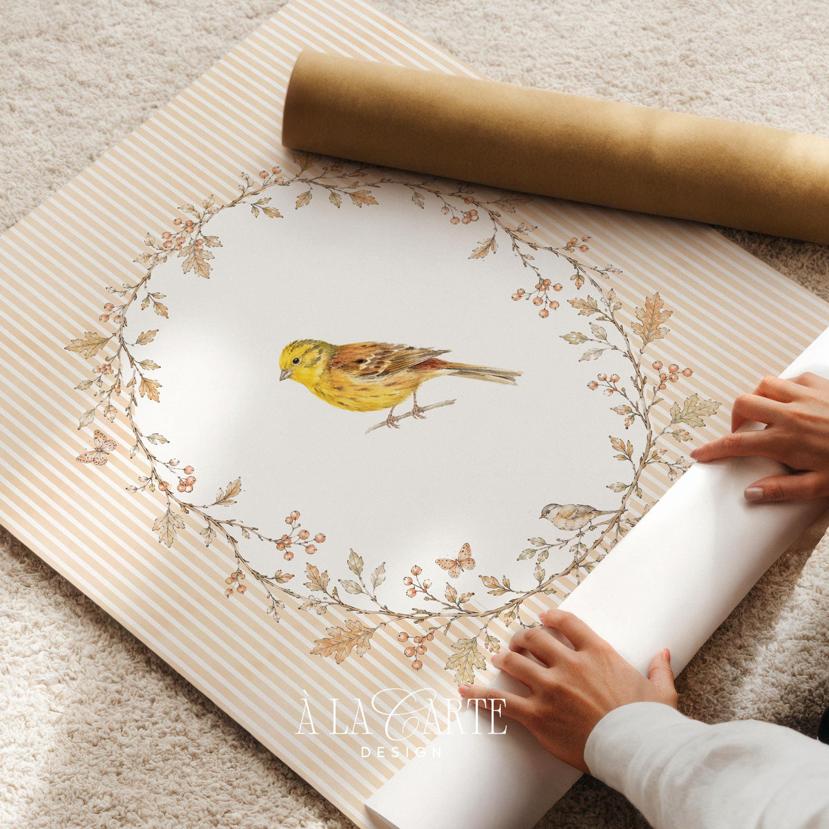 Charming winged creature printable wall art for nursery — soft botanical wreath design with warm neutral tones