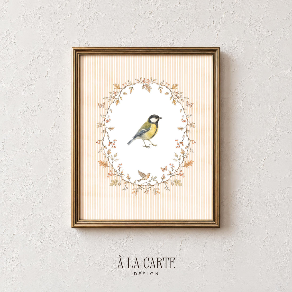 Perched tit bird poster for living room — charming woodland design featuring cream striped background and botanical frame