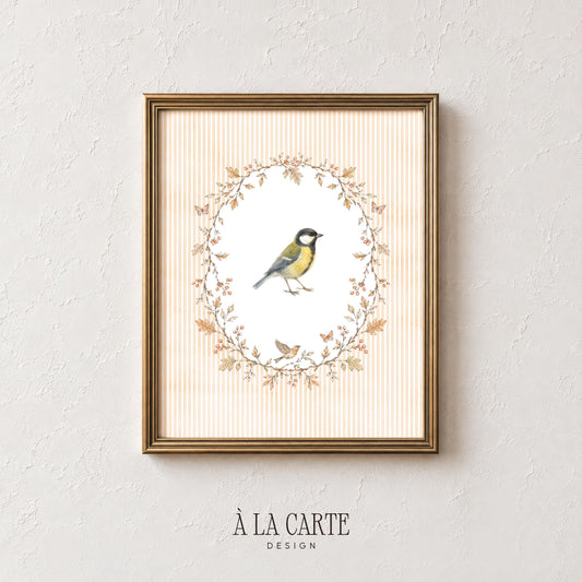 Perched tit bird poster for living room — charming woodland design featuring cream striped background and botanical frame