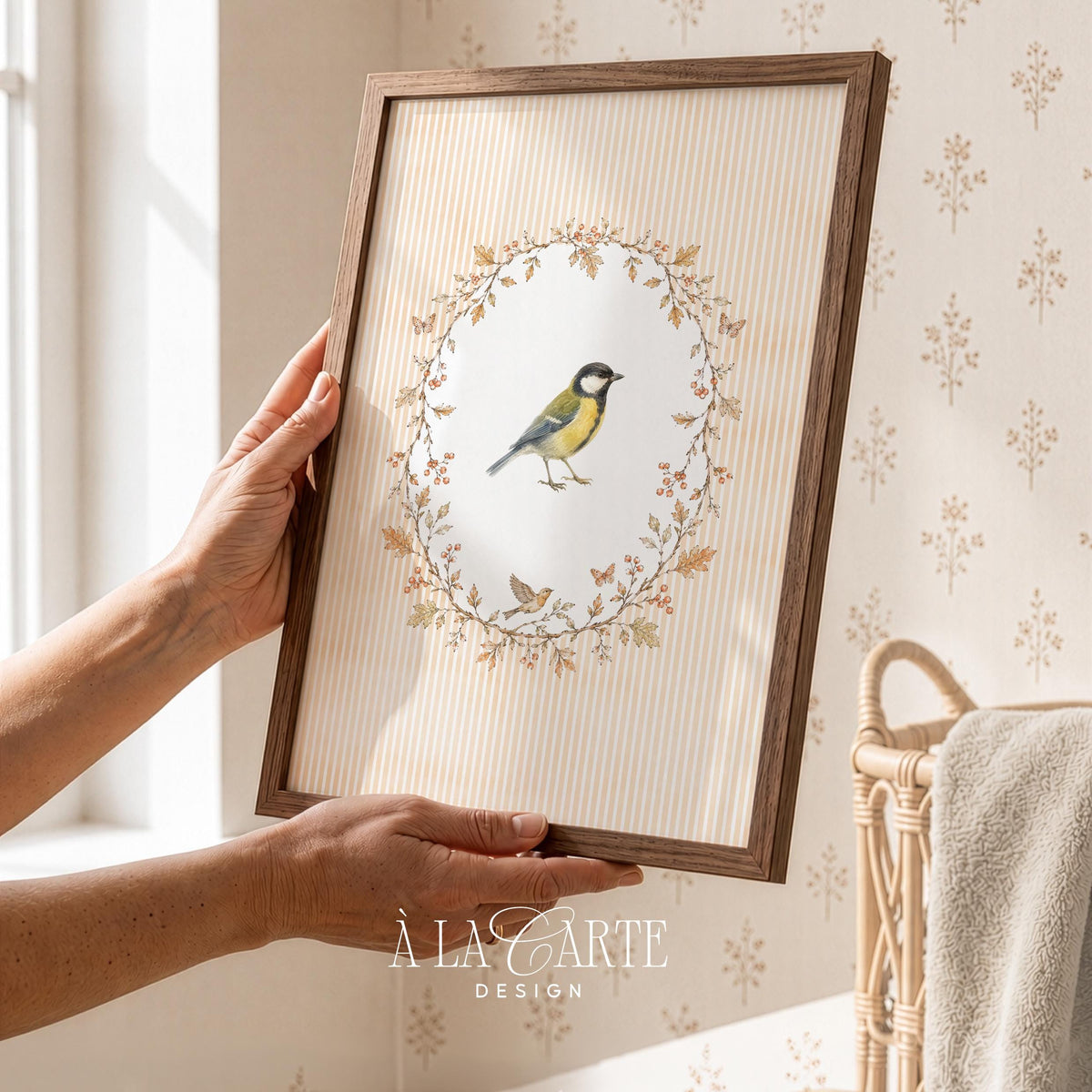 Yellow and black songbird printable art for nursery — vintage cottagecore botanical wreath with delicate watercolor leaves