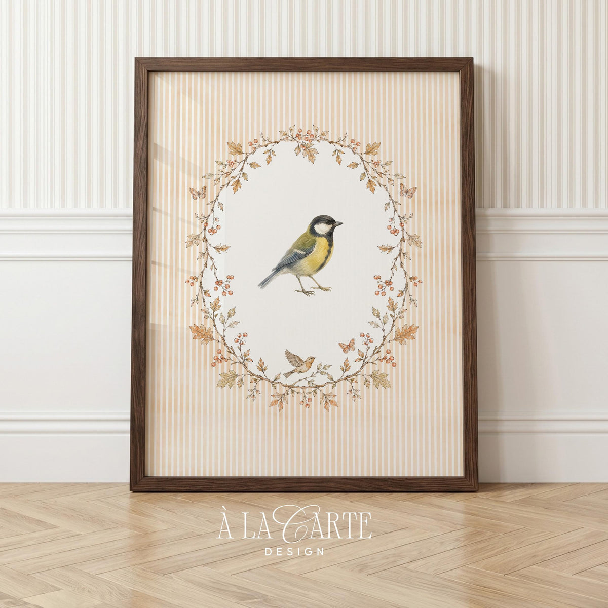 Nature-inspired bird artwork printable — vintage garden aesthetic with delicate butterfly, foliage wreath, and peaceful farmhouse feel