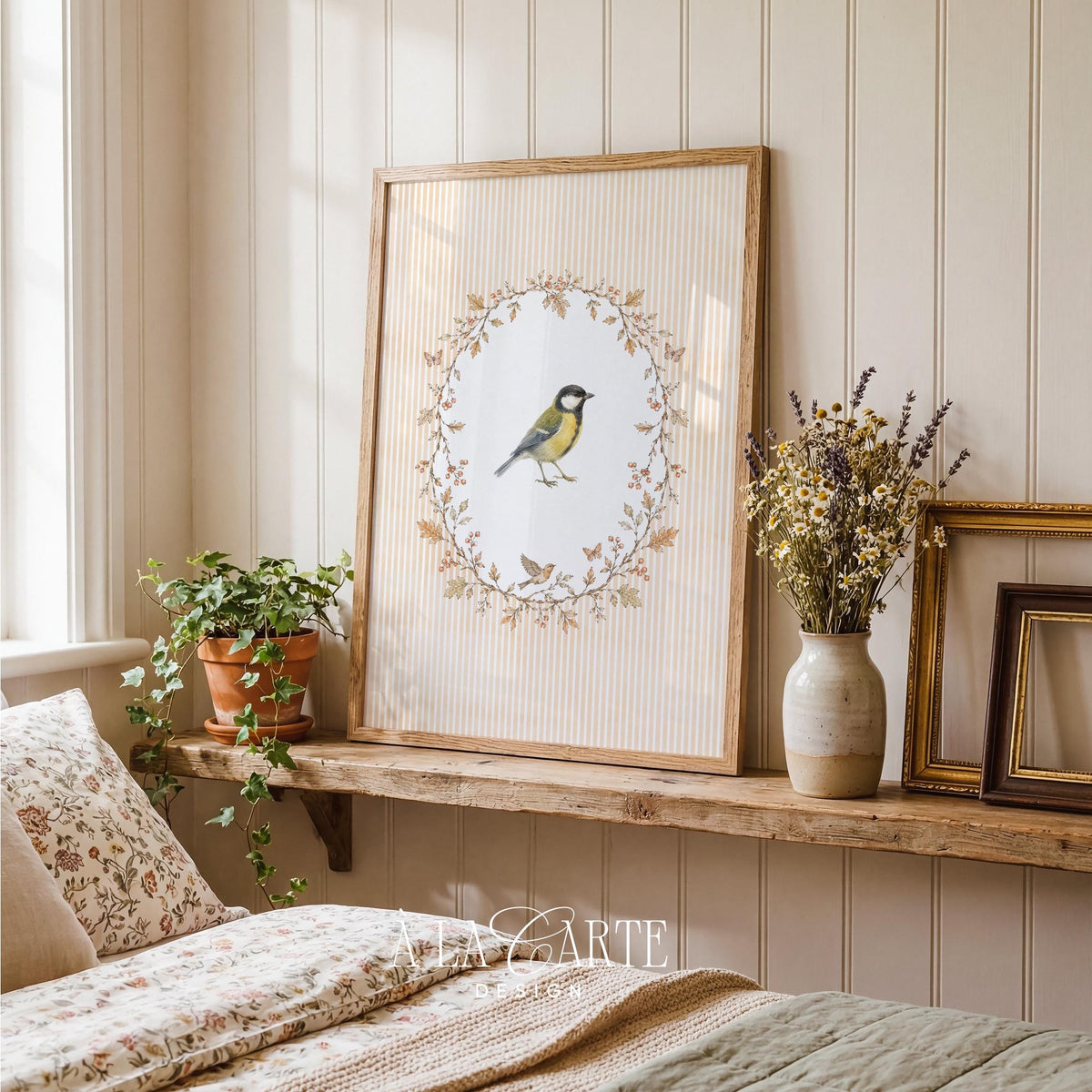 Vintage bird print instant download — cozy botanical wreath composition with gentle naturalist charm and striped backdrop