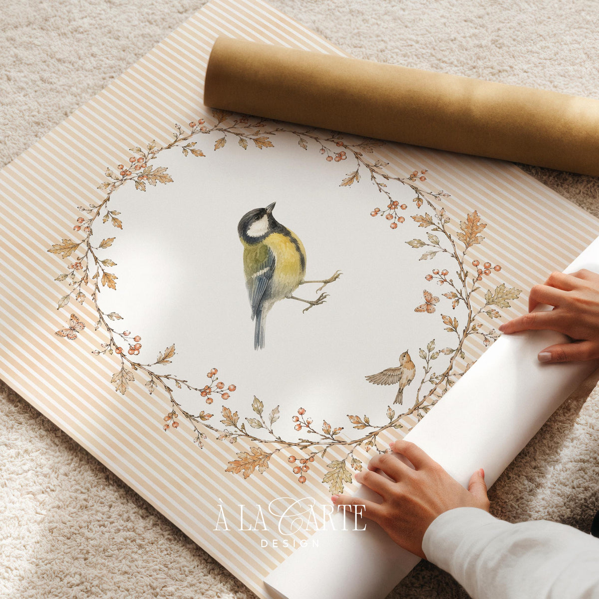 Garden creature wall art poster for child's room — whimsical watercolor bird surrounded by berries and fine linework frame